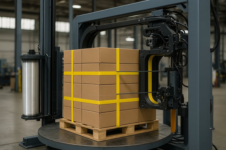Industrial pallet wrapping machine securing cargo with precision strapping system Industrial pallet wrapping machine securing cargo with precision strapping system